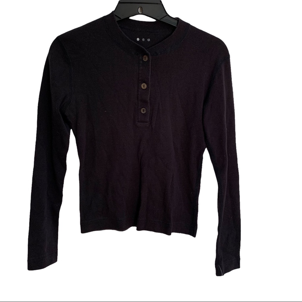 Three Dots Women's Black Henley Button Neck Long Sleeve Pullover Sweater Sz S